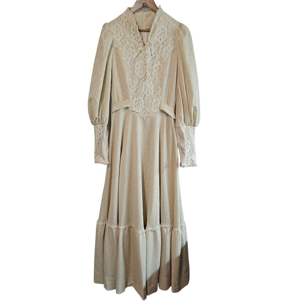 Vintage Prairie 70s Dress Womens Med Cream Lace Cottage Renaissance Victorian
